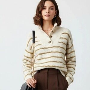 Madewell Striped Mock Neck Button Sweater Women's Small Cream Brown Cozy Knit